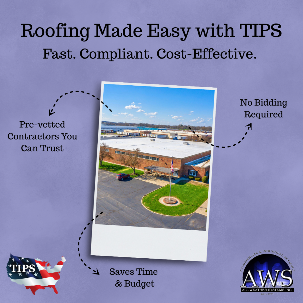 All Weather Systems providing fast roofing solutions with TIPS, featuring a compliant and cost-effective commercial roof installation on a brick facility
